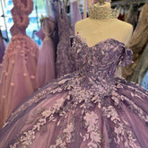 Off-Shoulder Ball Gown with 3D Floral Lace Appliques Glitter & Luxury Quinceanera Dress for Sweet 16 & Birthday Parties